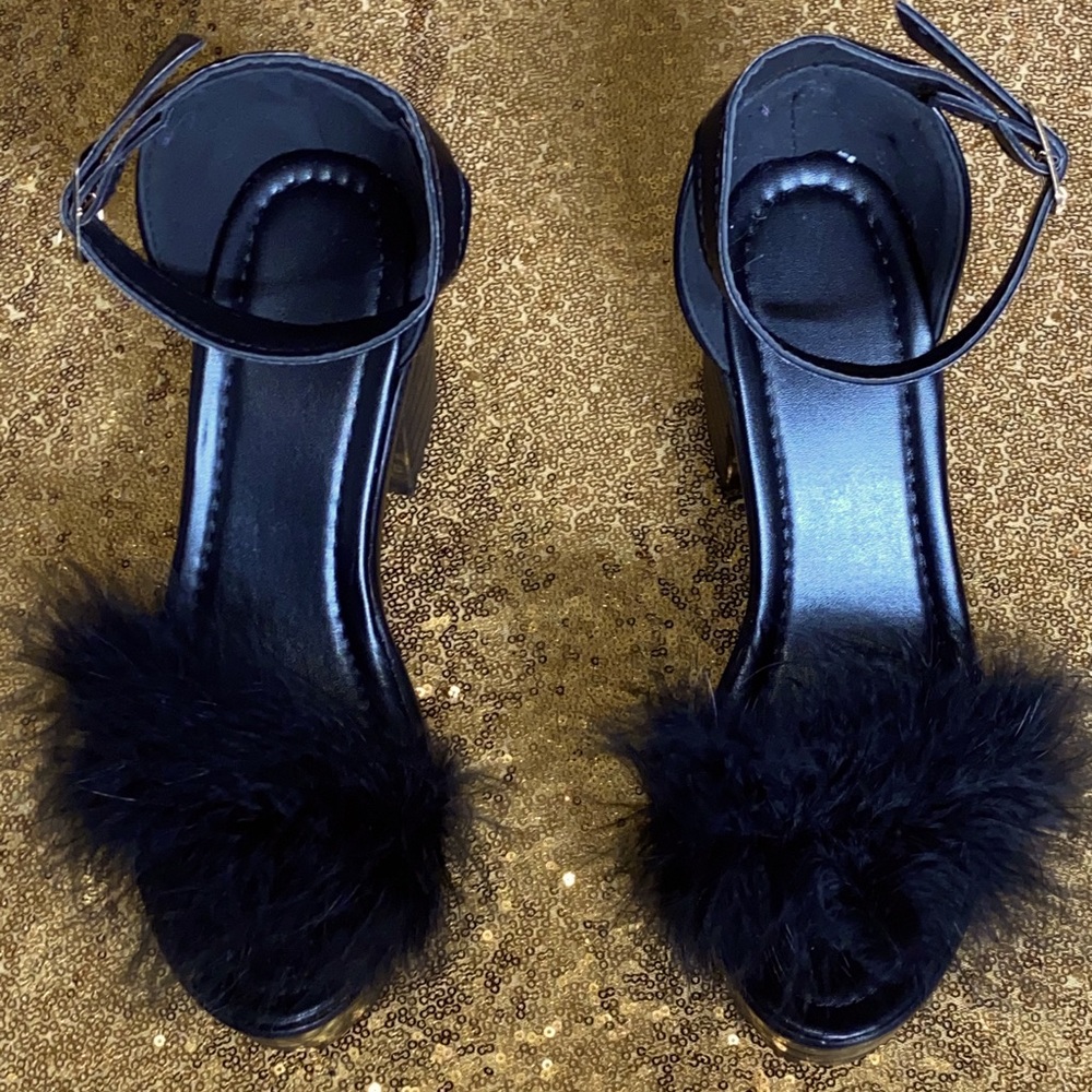 Black Faux Fur Chunky Platform Heels